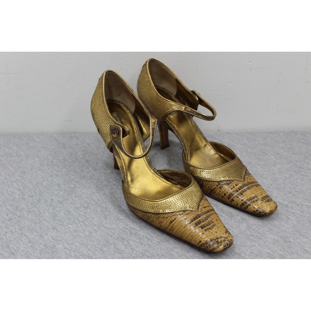 Prada Heels Womens 37 Gold Snakeskin Sequin Mary Jane Pointed Toe Pumps Vintage